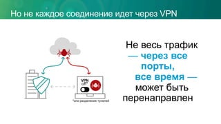 Но не каждое соединение идет через VPN
VPN
off*
*или разделение тунелей
Не весь трафик
— через все
порты,
все время —
может быть
перенаправлен
 