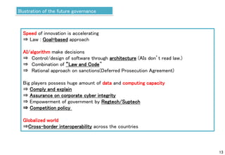 13
Speed of innovation is accelerating
⇒ Law : Goal=based approach
AI/algorithm make decisions
⇒ Control/design of software through architecture (AIs don’t read law.)
⇒ Combination of “Law and Code”
⇒ Rational approach on sanctions(Deferred Prosecution Agreement)
Big players possess huge amount of data and computing capacity
⇒ Comply and explain
⇒ Assurance on corporate cyber integrity
⇒ Empowerment of government by Regtech/Suptech
⇒ Competition policy
Globalized world
⇒Cross-border interoperability across the countries
Illustration of the future governance
 