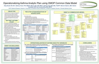 Operationalizing Asthma Analytic Plan using OMOP Common Data Model
Elias Brandt, BS, BA1; Bethany Kwan, PhD, MSPH2; Marion Sills, MD, MPH2,3, Barbara Yawn MD, MSc, FAAFP4, Monica Federico, MD3, Patrick
Hosokawa, MS2 and Lisa Schilling, MD, MSPH2
1AAFP National Research Network, 2University of Colorado School of Medicine, 3Children’s Hospital Colorado, 4Olmsted Medical Center
OBJECTIVE
• To operationalize an analytic plan designed to
model the association between practices’
medical home characteristics and asthma
control in children and adults using a database
of existing electronic health data structured
according to the OMOP V4 Common Data
Model.
OPERATIONALIZATION OF ASTHMA ANALYTIC VARIABLES
• Step 1: Define cohort of patients for extraction from standardized data
• Create list of subjects identified based on Age, Gender, Visits, and Diagnoses
• Simplified example for illustration:
• Step 2: Extract standardized data elements related to list of patients
• Simplified example for illustration:
CONCLUSION
• Secondary use of existing electronic health data from
multiple healthcare organizations requires:
• Harmonization of local data structure with a
common data model.
• Harmonization of local source values with a common
vocabulary
• Centralized mapping of local source values allows
standardization across organizations
• Data conforming to the OMOP CDM V4 can be used to
operationalize observational CER studies.
• Implications for Policy, Delivery, or Practice
• Though EHRs all use different backend databases,
they can be harmonized to a CDM for research
purposes. We recommend that the EHR industry
move toward having a standard data model so that
the initial harmonization step is less cumbersome.
SAFTINET ASTHMA
STUDY
• The Scalable Architecture for Federated
Translational Inquiries Network (SAFTINet) was
designed to federate electronic health data to
support quality improvement and comparative
effectiveness research (CER).
• Federated databases include existing
administrative, clinical (e.g., from electronic health
records; EHRs), Medicaid claims and enrollment
data, and patient-reported data collected during
routine clinical care, which have been harmonized
to the Observational Medical Outcomes
Partnership (OMOP) common data model (CDM)
Version 4.
• SAFTINet Asthma Study
• Prospective, longitudinal cohort study,
• Utilizing survey methodologies and secondary
use of structured Clinical, administrative, and
claims data.
• Population
• Adults and children with asthma cared for in
participating primary care practices in SAFTINet.
OMOP V4 COMMON DATA MODELTWO-STEP STANDARDIZATION OF
SOURCE DATA
• Source data includes:
• EHR administrative and clinical data
• Medicaid claims and enrollment data,
• Patient-reported data collected during routine clinical care
• Working with each partner individually ensured that their data could
conform to the OMOP V4 CDM and that the data required for the study was
available before extracting data for secondary use.
• Step 1: Structure of source data from each partner harmonized to the
(OMOP) CDM Version 4
• Step 2: Values in source data from each partner harmonized to the OMOP
V4 Vocabulary
Source Field Applied Rule Destination Field Data Type
PersonRowKey person_source_value String (50) / Required
‘CDW’ derived x_data_source_type String (20) / Required
NULL Not available medicaid_id_number String (50)
PersonYearOfBirth year_of_birth Number(4) / Required
Derived Derived from PersonDateOfBirth month_of_birth Number (2)
PersonDateOfBirth day_of_birth Number (2)
SexName gender_source_value String (50)
RaceName race_source_value String (50)
EthnicityName ethnicity_source_value String (50)
Partner Ethnicity Source Values Standardized Concept ID Standardized Concept Name
CINA_Cherokee E: Unknown / Not Reported 0 No matching concept
Denver Health UNKNOWN 0 No matching concept
CACHIE Not Reported 0 No matching concept
CINA_Cherokee E: Hispanic or Latino 38003563 Hispanic or Latino
Denver Health Hispanic 38003563 Hispanic or Latino
CACHIE Hispanic/Latino 38003563 Hispanic or Latino
CINA_Cherokee E: Not Hispanic or Latino 38003564 Not Hispanic or Latino
CACHIE Non-Hispanic (Other) 38003564 Not Hispanic or Latino
OMOP VOCABULARIES
OMOP Standard Vocabulary Used in CDM Field
SNOMED-CT condition_concept_id
RxNorm drug_concept_id
LOINC observation_concept_id
SNOMED-CT observation_concept_id
CMS Place of Service place_of_service_concept_id
CPT-4 procedure_concept_id
HCPCS procedure_concept_id
ICD-9-Procedure procedure_concept_id
CMS Specialty specialty_concept_id
CDC Race race_concept_id
Ethnicity ethnicity_concept_id
HL7Administrative Sex gender_concept_id
• Step 3: Transform extracted data elements into asthma variables
• Simplified example for illustration:
Asthma Analysis Plan Cohort Definition:
Child w/ asthma (Active patient):
Implementation using OMOP CDM 4:
Select subjects where: OMOP Table
Between 2 and 17 years as of 01-July-2012
year_of_birth > 1997 and year_of_birth < 2010
Or year_of_birth = 1997 and month_of_birth >= 7
Or year_of_birth = 2010 and month_of_birth < 7 x_demographic
Two diagnosis codes for asthma (493.XX) 6- year
period of available EHR data (01-Jan-2008 – 31-Dec-
2013)
condition_concept_id in (4141622, 4232595, 312950,
252341, 259055, 4119298, 252658, 261048, 254980,
256448, 256448, 256448, 256448, 443801, 313236,
4112831, 317009, 256716, 257581) AND
x_condition_update_date > 1/1/2008 condition_occurrence
Asthma variable domain: Asthma Variable Logic for Extraction Query
Pull records of patients identified in cohort from Person table
Select * from person where person_id in [cohort definition
query]
Pull selected records from observation
Select * from observation WHERE person_id in [cohort definition
query] AND observation_concept_id in [list of concept ids
related to ACT]
Subject Demographics
Asthma Control Test (Patient-
Reported Outcome)
pt_id
pt_child
pt_gender
pt_race
pt_ethn
pt_birthdate
pt_age
pt_id
act_date
act_score
act_control
Asthma Variable Logic for Operationalization from OMOP V4 CDM
pt_birthdate Concatenate month_of_birth, day_of_birth, and year_of_birth
pt_age Calculate age as of 7/1/12 using pt_birthdate
pt_child Set to "1" if pt_age < 18
asthma_dxcode
Set to "1" if condition_concept_id in ((4141622, 4232595, 312950, 252341,
259055, 4119298, 252658, 261048, 254980, 256448, 256448, 256448, 256448,
443801, 313236, 4112831, 317009, 256716, 257581)
exacerbation_type1
Oral steroids or IM/IV steroids exposure
Set to "1" if [drug_exposure].[drug_concept_id] in (list of concept ids for
oral steroids or IM/IV steroids)
exacerbation_type3
Administration of inhaled beta-agonist medication at an outpatient visit
Set to "1" if procedure_occurrence.procedure_concept_id in (list of
concept_ids for administration of beta-agonists) OR
(drug_exposure.drug_concept_id in (list of concept ids for beta agonists
AND drug_type_concept_id = 38000179)
exacerbation_type4
An asthma-related emergency department visit or hospitalization with
asthma listed as the primary or secondary diagnosis
Set to "1" if condition_concept_id in ((4141622, 4232595, 312950, 252341,
259055, 4119298, 252658, 261048, 254980, 256448, 256448, 256448, 256448,
443801, 313236, 4112831, 317009, 256716, 257581) AND
condition_type_concept_id in (38000215, 38000216) AND
visit.occurrence.visit_place_of_service = 8870
 