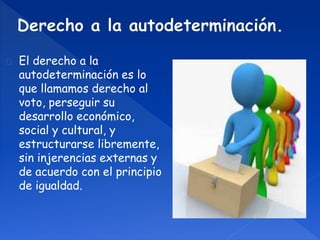El derecho a la 
autodeterminación es lo 
que llamamos derecho al 
voto, perseguir su 
desarrollo económico, 
social y cultural, y 
estructurarse libremente, 
sin injerencias externas y 
de acuerdo con el principio 
de igualdad. 
 