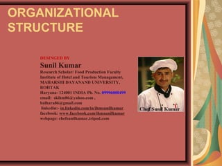 ORGANIZATIONAL
STRUCTURE
DESINGED BY
Sunil Kumar
Research Scholar/ Food Production Faculty
Institute of Hotel and Tourism Management,
MAHARSHI DAYANAND UNIVERSITY,
ROHTAK
Haryana- 124001 INDIA Ph. No. 09996000499
email: skihm86@yahoo.com ,
balhara86@gmail.com
linkedin:- in.linkedin.com/in/ihmsunilkumar
facebook: www.facebook.com/ihmsunilkumar
webpage: chefsunilkumar.tripod.com
 