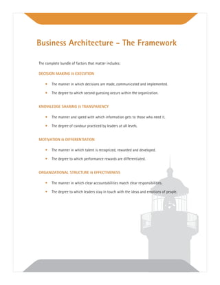 The complete bundle of factors that matter includes:
DECISION MAKING & EXECUTION
• The manner in which decisions are made, communicated and implemented.
• The degree to which second guessing occurs within the organization.
KNOWLEDGE SHARING & TRANSPARENCY
• The manner and speed with which information gets to those who need it.
• The degree of candour practiced by leaders at all levels.
MOTIVATION & DIFFERENTIATION
• The manner in which talent is recognized, rewarded and developed.
• The degree to which performance rewards are differentiated.
ORGANIZATIONAL STRUCTURE & EFFECTIVENESS
• The manner in which clear accountabilities match clear responsibilities.
• The degree to which leaders stay in touch with the ideas and emotions of people.
Business Architecture - The Framework
 