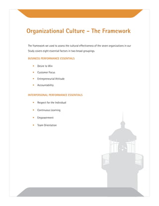 The framework we used to assess the cultural effectiveness of the seven organizations in our
Study covers eight essential factors in two broad groupings.
BUSINESS PERFORMANCE ESSENTIALS
• Desire to Win
• Customer Focus
• Entrepreneurial Attitude
• Accountability
INTERPERSONAL PERFORMANCE ESSENTIALS
• Respect for the Individual
• Continuous Learning
• Empowerment
• Team Orientation
Organizational Culture - The Framework
 