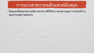 การแบ่งสายงานหลักและสนับสนุน
โดยแบ่งเป็นหน่วยงานหลัก หน่วยงานที่ปรึกษา หน่วยงานธุรการ ช่วยบริการ
และอํานวยความสะดวก

12

 