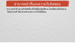 อํานาจหน้าที่และความรับผิดชอบ
อํานาจหน้าที่ หมายถึงสิทธิที่จะสั่งให้ผู้อื่นปฏิบัติตาม โดยที่ต้องเป็นไปตาม
วัตถุประสงค์ ได้มาตามตําแหน่ง ความรับผิดชอบ

14

 