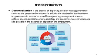 การกระจายอํานาจ

•

Decentralization is the process of dispersing decision-making governance
closer to the people and/or citizens. It includes the dispersal of administration
or governance in sectors or areas like engineering, management science ,
political science, political economy, sociology and economics. Decentralization is
also possible in the dispersal of population and employment.

23

 