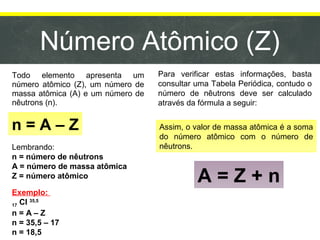 Todo elemento apresenta um
número atômico (Z), um número de
massa atômica (A) e um número de
nêutrons (n).
Para verificar estas informações, basta
consultar uma Tabela Periódica, contudo o
número de nêutrons deve ser calculado
através da fórmula a seguir:
n = A – Z
Lembrando:
n = número de nêutrons
A = número de massa atômica
Z = número atômico
Exemplo:
17 Cl 35,5
n = A – Z
n = 35,5 – 17
n = 18,5
Assim, o valor de massa atômica é a soma
do número atômico com o número de
nêutrons.
A = Z + n
Número Atômico (Z)
 