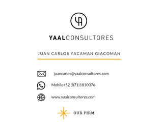 JUAN CARLOS YACAMAN GIACOMAN
OUR FIRM
juancarlos@yaalconsultores.com
Mobile+52 (871)1810076
www.yaalconsultores.com
 