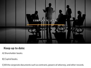 CORPORATE LEGAL
Keep up to date:
A) Shareholder books.
B) Capital books.
C)All the corporate documents such as contracts, powers of attorney, and other records.
 