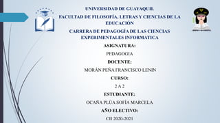 UNIVERSIDAD DE GUAYAQUIL
FACULTAD DE FILOSOFÍA, LETRAS Y CIENCIAS DE LA
EDUCACIÓN
CARRERA DE PEDAGOGÍA DE LAS CIENCIAS
EXPERIMENTALES INFORMATICA
ASIGNATURA:
PEDAGOGIA
DOCENTE:
MORÁN PEÑA FRANCISCO LENIN
CURSO:
2 A 2
ESTUDIANTE:
OCAÑA PLÚA SOFÍA MARCELA
AÑO ELECTIVO:
CII 2020-2021
 