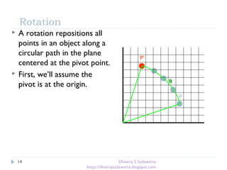 Rotation
14
 A rotation repositions all
points in an object along a
circular path in the plane
centered at the pivot point.
 First, we’ll assume the
pivot is at the origin. θθ
P
P’
Dheeraj S Sadawarte
https://dheerajsadawarte.blogspot.com
 