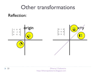 Other transformations
Reflection:
origin line x=y










−
−
100
010
001










100
001
010
23 Dheeraj S Sadawarte
https://dheerajsadawarte.blogspot.com
 