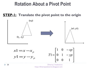 (xp , yp)
p
p
yyy
xxx
−=
−=
1
1
(x,y)
(x1, y1)
STEP-1: Translate the pivot point to the origin
Rotation About a Pivot Point










−
−
=
100
10
01
1 yp
xp
T
28 Dheeraj S Sadawarte
https://dheerajsadawarte.blogspot.com
 