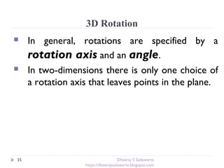 3D Rotation
35
 In general, rotations are specified by a
rotation axis and an angle.
 In two-dimensions there is only one choice of
a rotation axis that leaves points in the plane.
Dheeraj S Sadawarte
https://dheerajsadawarte.blogspot.com
 