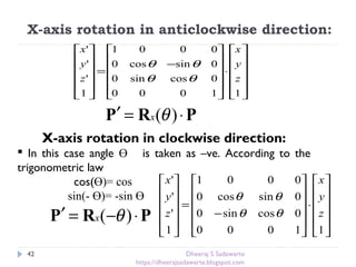 X-axis rotation in anticlockwise direction:
42












⋅












−
=












11000
0cossin0
0sincos0
0001
1
'
'
'
z
y
x
z
y
x
θθ
θθ
PRP ⋅=′ )(θx
X-axis rotation in clockwise direction:
 In this case angle Ө is taken as –ve. According to the
trigonometric law
cos(Ө)= cos
sin(- Ө)= -sin Ө












⋅












−
=












11000
0cossin0
0sincos0
0001
1
'
'
'
z
y
x
z
y
x
θθ
θθ
PRP ⋅−=′ )( θx
Dheeraj S Sadawarte
https://dheerajsadawarte.blogspot.com
 