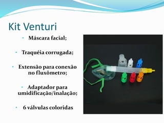 Kit Venturi
• Máscara facial;
• Traquéia corrugada;
• Extensão para conexão
no fluxômetro;
• Adaptador para
umidificação/inalação;
• 6 válvulas coloridas
 