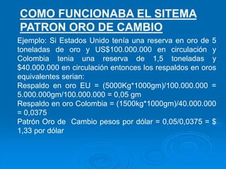 Ejemplo: Si Estados Unido tenía una reserva en oro de 5
toneladas de oro y US$100.000.000 en circulación y
Colombia tenia una reserva de 1,5 toneladas y
$40.000.000 en circulación entonces los respaldos en oros
equivalentes serian:
Respaldo en oro EU = (5000Kg*1000gm)/100.000.000 =
5.000.000gm/100.000.000 = 0,05 gm
Respaldo en oro Colombia = (1500kg*1000gm)/40.000.000
= 0,0375
Patrón Oro de Cambio pesos por dólar = 0,05/0,0375 = $
1,33 por dólar
COMO FUNCIONABA EL SITEMA
PATRON ORO DE CAMBIO
 