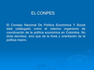 EL CONPES
El Consejo Nacional De Política Económica Y Social
está catalogado como el máximo organismo de
coordinación de la política económica en Colombia. No
dicta decretos, sino que da la línea y orientación de la
política macro.
 