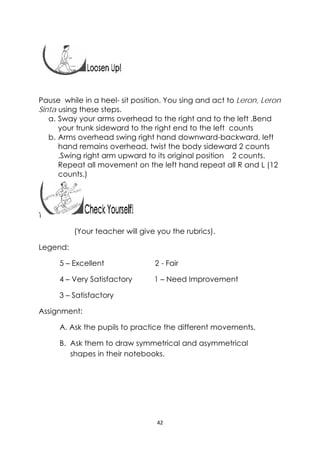 42 
 
 
 
Pause while in a heel- sit position. You sing and act to Leron, Leron
Sinta using these steps.
a. Sway your arms overhead to the right and to the left .Bend
your trunk sideward to the right end to the left counts
b. Arms overhead swing right hand downward-backward, left
hand remains overhead, twist the body sideward 2 counts
.Swing right arm upward to its original position 2 counts.
Repeat all movement on the left hand repeat all R and L (12
counts.)
T
(Your teacher will give you the rubrics).
Legend:
5 – Excellent 2 - Fair
4 – Very Satisfactory 1 – Need Improvement
3 – Satisfactory
Assignment:
A. Ask the pupils to practice the different movements.
B. Ask them to draw symmetrical and asymmetrical
shapes in their notebooks.
 
 
 