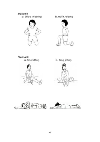 45 
 
Station II
a. Stride Kneeling b. Half Kneeling
Station III
a. Side Sitting b. Frog Sitting
Station IV -
a. Side Lying b. Prone Lying
   
   
 
  
 