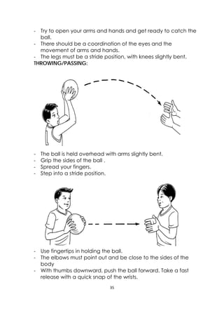 35 
 
‐ Try to open your arms and hands and get ready to catch the
ball.
‐ There should be a coordination of the eyes and the
movement of arms and hands.
‐ The legs must be a stride position, with knees slightly bent.
THROWING/PASSING:
- The ball is held overhead with arms slightly bent.
‐ Grip the sides of the ball .
‐ Spread your fingers.
‐ Step into a stride position.
‐ Use fingertips in holding the ball.
‐ The elbows must point out and be close to the sides of the
body
‐ With thumbs downward, push the ball forward. Take a fast
release with a quick snap of the wrists.
 