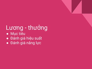 Lương - thưởng
● Mục tiêu
● Đánh giá hiệu suất
● Đánh giá năng lực
 