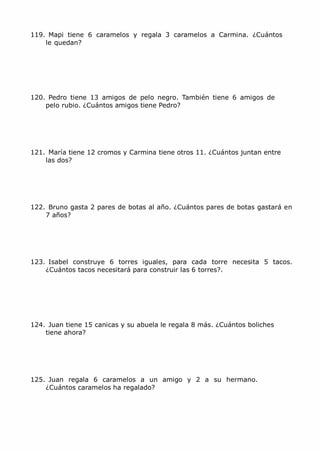 119. Mapi tiene 6 caramelos y regala 3 caramelos a Carmina. ¿Cuántos
    le quedan?




120. Pedro tiene 13 amigos de pelo negro. También tiene 6 amigos de
    pelo rubio. ¿Cuántos amigos tiene Pedro?




121. María tiene 12 cromos y Carmina tiene otros 11. ¿Cuántos juntan entre
    las dos?




122. Bruno gasta 2 pares de botas al año. ¿Cuántos pares de botas gastará en
    7 años?




123. Isabel construye 6 torres iguales, para cada torre necesita 5 tacos.
    ¿Cuántos tacos necesitará para construir las 6 torres?.




124. Juan tiene 15 canicas y su abuela le regala 8 más. ¿Cuántos boliches
    tiene ahora?




125. Juan regala 6 caramelos a un amigo y 2 a su hermano.
    ¿Cuántos caramelos ha regalado?




MCarmen Pérez                 Parque-Colegio Santa Ana          Actividades para verano
 