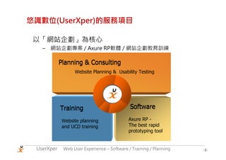 悠識數位(UserXper)的服務項目

 以「網站企劃」為核心
   – 網站企劃專案 / Axure RP軟體 / 網站企劃教育訓練

            Planning & Consulting
                  Website Planning & Usability Testing




            Training                         Software

             Website planning               Axure RP -
             and UCD training               The best rapid
                                            prototyping tool


 UserXper    Web User Experience – Software / Training / Planning   -3-
 