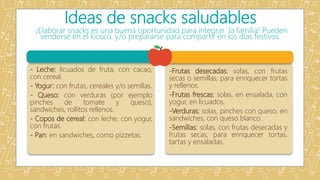 Ideas de snacks saludables
¡Elaborar snacks es una buena oportunidad para integrar la familia! Pueden
venderse en el kiosc...