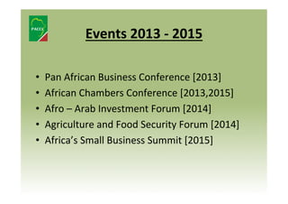 Events	
  2013	
  -­‐	
  2015	
  
• 
• 
• 
• 
• 
	
  
	
  

Pan	
  African	
  Business	
  Conference	
  [2013]	
  
African	
  Chambers	
  Conference	
  [2013,2015]	
  
Afro	
  –	
  Arab	
  Investment	
  Forum	
  [2014]	
  
Agriculture	
  and	
  Food	
  Security	
  Forum	
  [2014]	
  
Africa’s	
  Small	
  Business	
  Summit	
  [2015]	
  

 