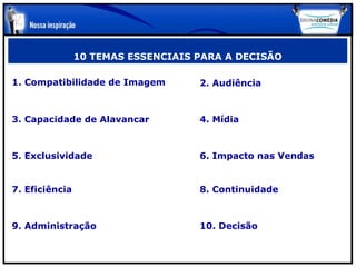 10 TEMAS ESSENCIAIS PARA A DECISÃO

1. Compatibilidade de Imagem        2. Audiência



3. Capacidade de Alavancar          4. Mídia



5. Exclusividade                    6. Impacto nas Vendas


7. Eficiência                       8. Continuidade



9. Administração                    10. Decisão
 