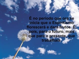 É no período que ora se
  inicia que o Espiritismo
florescerá e dará frutos. É,
  pois, para o futuro, mais
 que para o presente, que
         trabalhais.
 