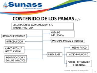 CONTENIDO DE LOS PAMAS (1/2)
DESCRIPCION DE LA INSTALACION Y/O
INFRAESTRUCTURA
AREA DE
INFLUENCIARESUMEN EJECUTIVO
MATERIAS PRIMAS E INSUMOSINTRODUCCION
MARCO LEGAL E
INSTITUCIONAL
IDENTIFICACION Y
EVAL DE IMPACTOS
LINEA BASE
MEDIO FISICO
MEDIO BIOLOGICO
SOCIO – ECONOMICO
Y CULTURAL
11
 