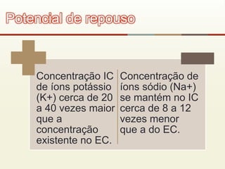 Concentração IC
de íons potássio
(K+) cerca de 20
a 40 vezes maior
que a
concentração
existente no EC.
Concentração de
íons sódio (Na+)
se mantém no IC
cerca de 8 a 12
vezes menor
que a do EC.
Potencial de repouso
 