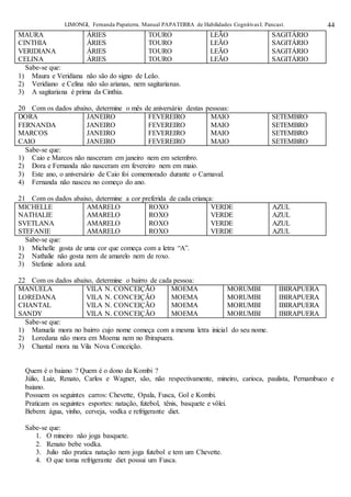 LIMONGI, Fernanda Papaterra. Manual PAPATERRA de Habilidades CognitivasI. Pancast. 44
MAURA
CINTHIA
VERIDIANA
CELINA
ÁRIES
ÁRIES
ÁRIES
ÁRIES
TOURO
TOURO
TOURO
TOURO
LEÃO
LEÃO
LEÃO
LEÃO
SAGITÁRIO
SAGITÁRIO
SAGITÁRIO
SAGITÁRIO
Sabe-se que:
1) Maura e Veridiana não são do signo de Leão.
2) Veridiano e Celina não são arianas, nem sagitarianas.
3) A sagitariana é prima da Cinthia.
20 Com os dados abaixo, determine o mês de aniversário destas pessoas:
DORA
FERNANDA
MARCOS
CAIO
JANEIRO
JANEIRO
JANEIRO
JANEIRO
FEVEREIRO
FEVEREIRO
FEVEREIRO
FEVEREIRO
MAIO
MAIO
MAIO
MAIO
SETEMBRO
SETEMBRO
SETEMBRO
SETEMBRO
Sabe-se que:
1) Caio e Marcos não nasceram em janeiro nem em setembro.
2) Dora e Fernanda não nasceram em fevereiro nem em maio.
3) Este ano, o aniversário de Caio foi comemorado durante o Carnaval.
4) Fernanda não nasceu no começo do ano.
21 Com os dados abaixo, determine a cor preferida de cada criança:
MICHELLE
NATHALIE
SVETLANA
STEFANIE
AMARELO
AMARELO
AMARELO
AMARELO
ROXO
ROXO
ROXO
ROXO
VERDE
VERDE
VERDE
VERDE
AZUL
AZUL
AZUL
AZUL
Sabe-se que:
1) Michelle gosta de uma cor que começa com a letra “A”.
2) Nathalie não gosta nem de amarelo nem de roxo.
3) Stefanie adora azul.
22 Com os dados abaixo, determine o bairro de cada pessoa:
MANUELA
LOREDANA
CHANTAL
SANDY
VILA N. CONCEIÇÃO
VILA N. CONCEIÇÃO
VILA N. CONCEIÇÃO
VILA N. CONCEIÇÃO
MOEMA
MOEMA
MOEMA
MOEMA
MORUMBI
MORUMBI
MORUMBI
MORUMBI
IBIRAPUERA
IBIRAPUERA
IBIRAPUERA
IBIRAPUERA
Sabe-se que:
1) Manuela mora no bairro cujo nome começa com a mesma letra inicial do seu nome.
2) Loredana não mora em Moema nem no Ibirapuera.
3) Chantal mora na Vila Nova Conceição.
Quem é o baiano ? Quem é o dono da Kombi ?
Júlio, Luiz, Renato, Carlos e Wagner, são, não respectivamente, mineiro, carioca, paulista, Pernambuco e
baiano.
Possuem os seguintes carros: Chevette, Opala, Fusca, Gol e Kombi.
Praticam os seguintes esportes: natação, futebol, tênis, basquete e vôlei.
Bebem: água, vinho, cerveja, vodka e refrigerante diet.
Sabe-se que:
1. O mineiro não joga basquete.
2. Renato bebe vodka.
3. Julio não pratica natação nem joga futebol e tem um Chevette.
4. O que toma refrigerante diet possui um Fusca.
 
