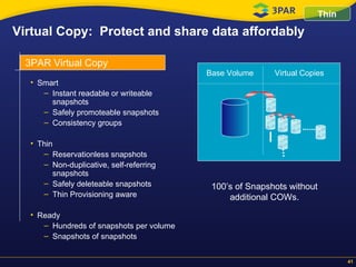 Virtual Copy:  Protect and share data affordably 100’s of Snapshots without additional COWs. 3PAR Virtual Copy Base Volume Virtual Copies Thin Smart Instant readable or writeable snapshots Safely promoteable snapshots Consistency groups  Thin Reservationless snapshots Non-duplicative, self-referring snapshots Safely deleteable snapshots Thin Provisioning aware Ready Hundreds of snapshots per volume Snapshots of snapshots 