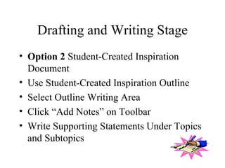 Drafting and Writing Stage Option 2  Student-Created Inspiration Document  Use Student-Created Inspiration Outline Select Outline Writing Area  Click “Add Notes” on Toolbar Write Supporting Statements Under Topics and Subtopics 