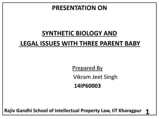 PRESENTATION ON
SYNTHETIC BIOLOGY AND
LEGAL ISSUES WITH THREE PARENT BABY
Prepared By
Vikram Jeet Singh
14IP60003
1Rajiv Gandhi School of Intellectual Property Law, IIT Kharagpur
 
