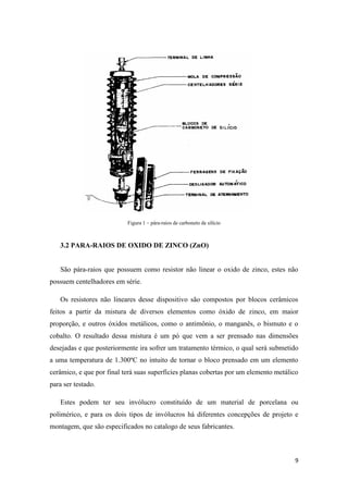 9
Figura 1 – pára-raios de carboneto de silício
3.2 PARA-RAIOS DE OXIDO DE ZINCO (ZnO)
São pára-raios que possuem como resistor não linear o oxido de zinco, estes não
possuem centelhadores em série.
Os resistores não lineares desse dispositivo são compostos por blocos cerâmicos
feitos a partir da mistura de diversos elementos como óxido de zinco, em maior
proporção, e outros óxidos metálicos, como o antimônio, o manganês, o bismuto e o
cobalto. O resultado dessa mistura é um pó que vem a ser prensado nas dimensões
desejadas e que posteriormente ira sofrer um tratamento térmico, o qual será submetido
a uma temperatura de 1.300ºC no intuito de tornar o bloco prensado em um elemento
cerâmico, e que por final terá suas superfícies planas cobertas por um elemento metálico
para ser testado.
Estes podem ter seu invólucro constituído de um material de porcelana ou
polimérico, e para os dois tipos de invólucros há diferentes concepções de projeto e
montagem, que são especificados no catalogo de seus fabricantes.
 