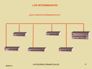 LOS DETERMINANTES ¿QUÉ CLASES DE DETERMINANTES HAY? 2. POSESIVOS 3. DEMOSTRATIVOS 4. NUMERALES 5. INDEFINIDOS 6. INTERROGATIVOS Y EXCLAMATIVOS ARTÍCULOS 