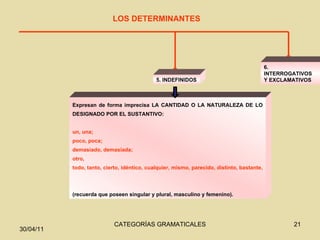 LOS DETERMINANTES 6. INTERROGATIVOS Y EXCLAMATIVOS 5. INDEFINIDOS Expresan de forma imprecisa LA CANTIDAD O LA NATURALEZA DE LO DESIGNADO POR EL SUSTANTIVO:  un, una;  poco, poca; demasiado, demasiada;  otro,  todo, tanto, cierto, idéntico, cualquier, mismo, parecido, distinto, bastante,   (recuerda que poseen singular y plural, masculino y femenino). 