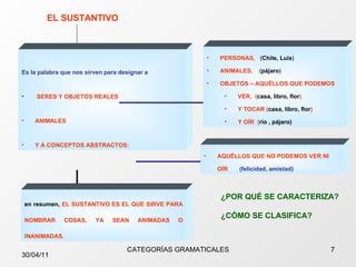 EL SUSTANTIVO Es la palabra que   nos sirven para designar a SERES Y OBJETOS REALES ANIMALES Y A CONCEPTOS ABSTRACTOS: PERSONAS,  ( Chile, Luis ) ANIMALES,  ( pájaro ) OBJETOS – AQUÉLLOS QUE PODEMOS  VER,  ( casa, libro, flor ) Y TOCAR ( casa, libro, flor ) Y OÍR  ( río , pájaro) en resumen,  EL SUSTANTIVO   ES EL QUE SIRVE PARA NOMBRAR COSAS, YA SEAN ANIMADAS O INANIMADAS. AQUÉLLOS QUE NO PODEMOS VER NI OÍR  (felicidad, amistad) ¿POR QUÉ SE CARACTERIZA? ¿CÓMO SE CLASIFICA? 