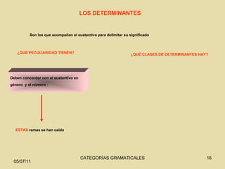 LOS DETERMINANTES Son los que acompañan al sustantivo para delimitar su significado ¿QUÉ CLASES DE DETERMINANTES HAY? ¿QUÉ PECULIARIDAD TIENEN? Deben concordar con el sustantivo en género  y el número : ESTAS  ramas se han caído 