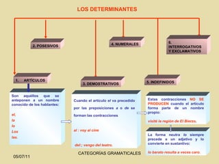 LOS DETERMINANTES 2. POSESIVOS 3. DEMOSTRATIVOS 4. NUMERALES 5. INDEFINIDOS 6. INTERROGATIVOS Y EXCLAMATIVOS ARTÍCULOS Son aquéllos que se anteponen a un nombre conocido de los hablantes:  el, la lo Los las. Cuando el artículo  el  va precedido por las preposiciones  a  o  de  se forman las contracciones  al : voy al cine del : ; vengo del teatro.   Estas contracciones  NO SE PRODUCEN  cuando el artículo forma parte de un nombre propio:  visité la región de El Bierzo . La forma neutra  lo  siempre precede a un adjetivo y lo convierte en sustantivo :  lo barato resulta a veces caro. 