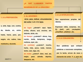 ¿A QUÉ LLAMAMOS PARTES INVARIABLES DE LA ORACIÓN? 1. A la PREPOSICIÓN:  a, ante, bajo, con, contra, de, desde, en, entre, hasta, hacia, para, por, según, sin, sobre, tras, mediante y durante. 2. AL ADVERBIO : - sirve para indicar circunstancias del verbo : Luis vive  lejos .   de lugar : ¿dónde?: aquí, lejos, arriba, afuera, acá, encima, ahí, delante, atrás, etc. de tiempo : ¿cuándo?: ahora, hoy, recién, tarde, temprano, luego, mañana, ayer, etc. de cantidad : ¿cuánto?: mucho, harto, más, poco, nada, menos, tanto, casi, algo, etc. de modo : ¿cómo?: bien, mal, así, mejor, peor, adrede, deprisa, despacio, etc. 3. A LA INTERJECCIÓN:   Son expresiones propias del idioma.  Expresan rabia, sorpresa, etc. Ej: ¡bah!, ¡oh!, ¡recáspita!, ¡chanfles!, ¡diablos!, etc.  4. A LA CONJUNCIÓN: Son palabras que enlazan palabras u oraciones completas, por lo tanto, sirven de nexo o elemento de unión. Y, o, pero etc 