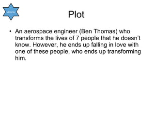 Plot  <ul><li>An aerospace engineer (Ben Thomas) who transforms the lives of 7 people that he doesn’t know. However, he en...