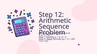 Problem: Find the 20th term of
5, 8, 11, 14...
Step 1: Identify a₁ = 5, d = 3
Step 2: Apply formula a₂₀ = 5 + (20-
1)×3 = 62
Step 12:
Arithmetic
Sequence
Problem
 