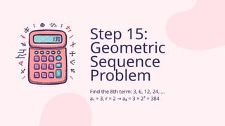 Find the 8th term: 3, 6, 12, 24, ...
a₁ = 3, r = 2 a₈ = 3 × 2⁷ = 384
→
Step 15:
Geometric
Sequence
Problem
 