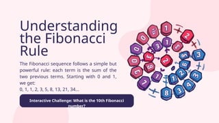 Understanding
the Fibonacci
Rule
The Fibonacci sequence follows a simple but
powerful rule: each term is the sum of the
two previous terms. Starting with 0 and 1,
we get:
0, 1, 1, 2, 3, 5, 8, 13, 21, 34...
Interactive Challenge: What is the 10th Fibonacci
number?
 