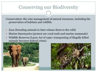 Conserving our Biodiversity

Conservation: the wise management of natural resources, including the
  preservation of habitats and wildlife.

 Zoos (breeding animals to later release them to the wild)
 Marine Sanctuaries (protect our coral reefs and marine mammals)
 Wildlife Reserves (Lacey Act of 1990: transporting of illegally killed
  animals becomes federal crime)
 